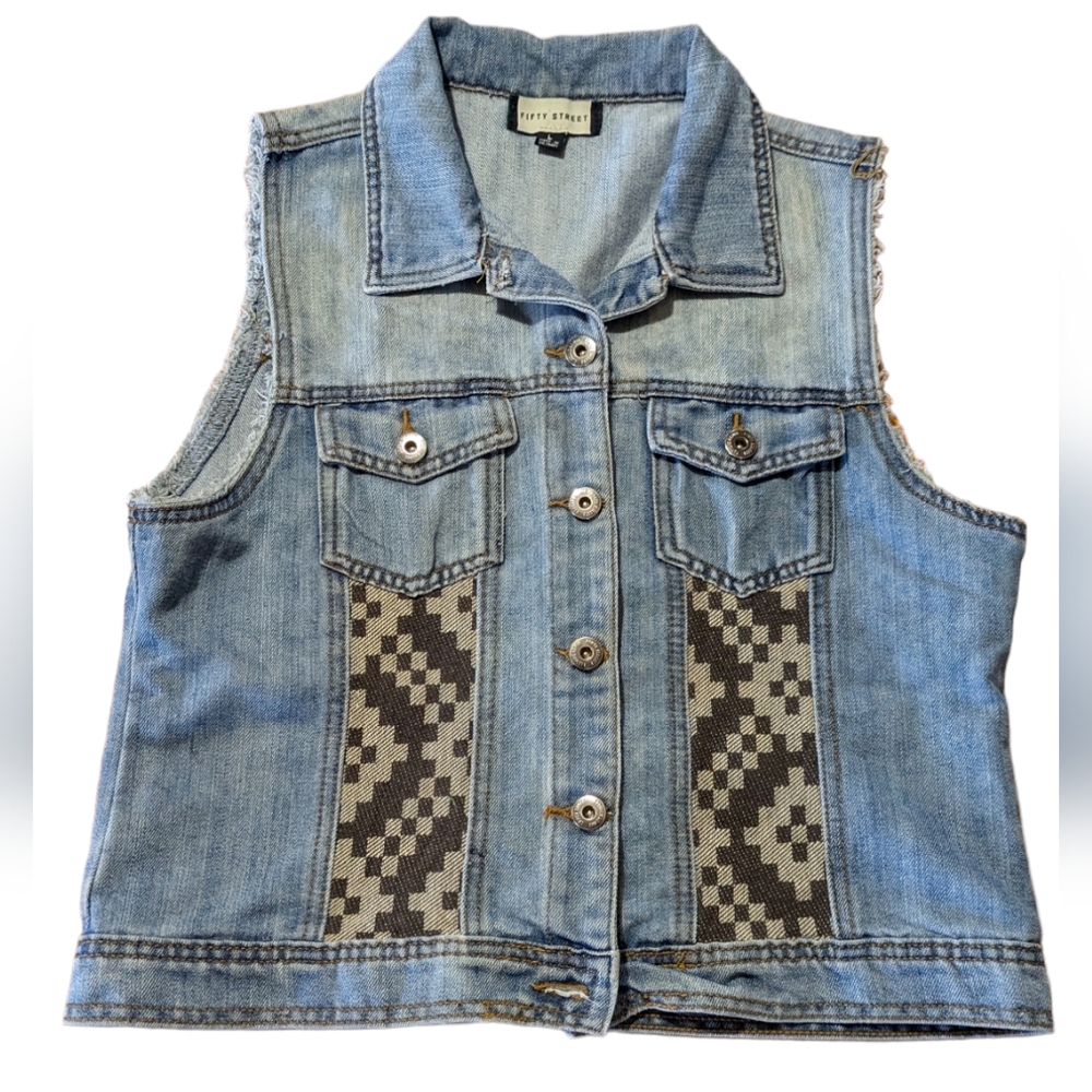 Fifty Street Denim Vest Blue Jean with B&W Pixel Decoration Size Large Women's